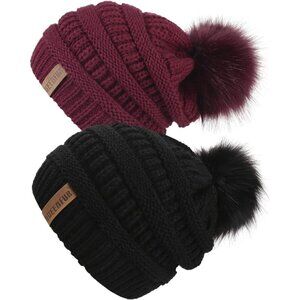 Women Black/Burgundy 2pack Thick Baggy Knit Winter Faux Fur Pompom Beanie